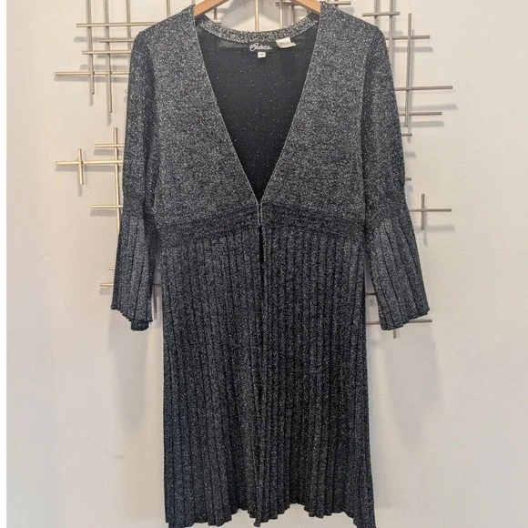 Cedrics Long Line Cardigan Metallic Silver Black Pleated Bell Sleeve Women's M - Picture 1 of 8